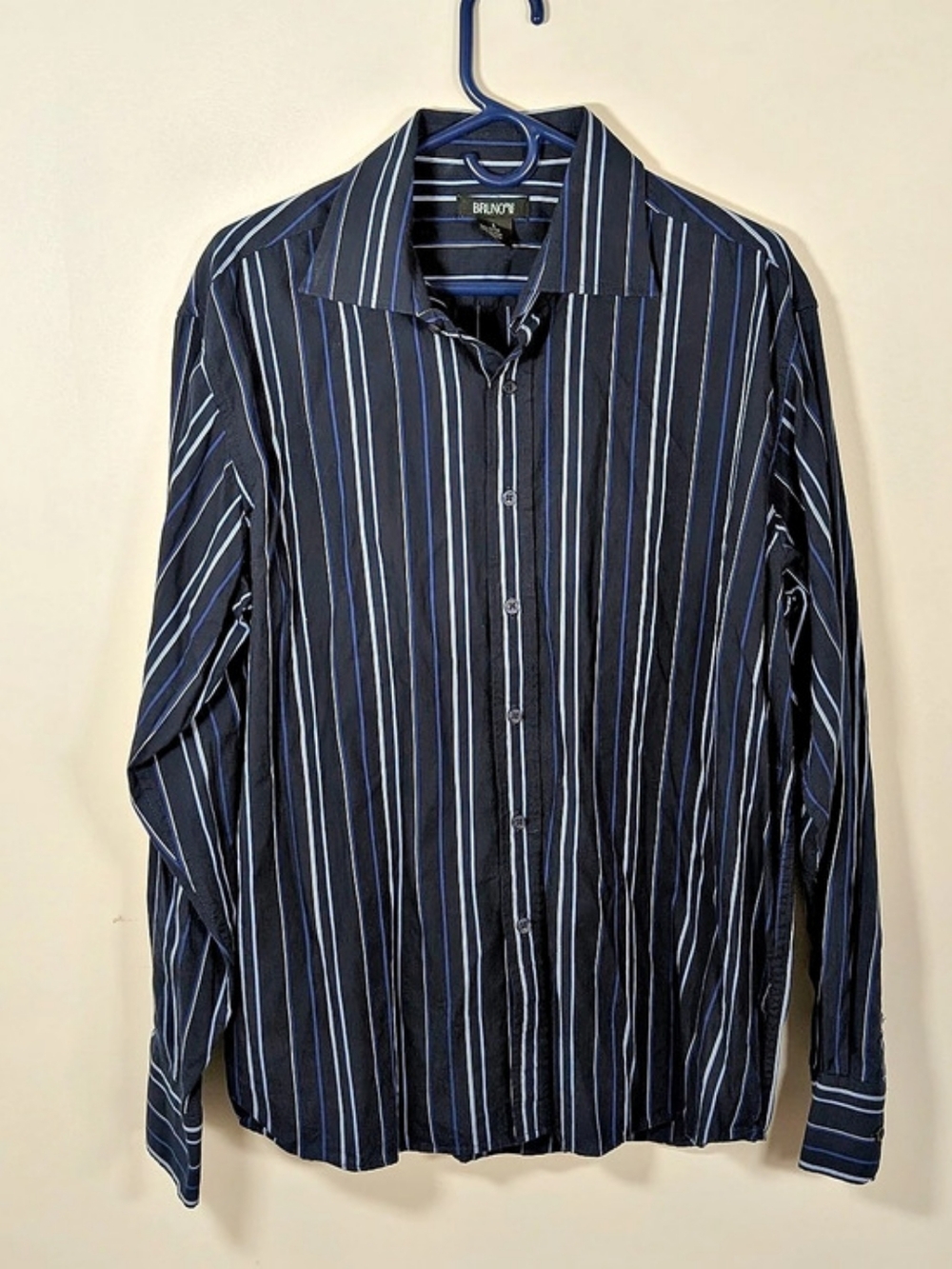 Bruno Striped Cotton Button Down Shirt in Black & Blue Size Large